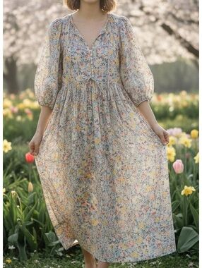 The Great Bonnet Maxi Dress with Puff Sleeves in spring floral print SZ Small